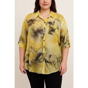 Torrid Size 2X Sheer Blouse Yellow Abstract Print Button Down 3/4 Sleeve Casual